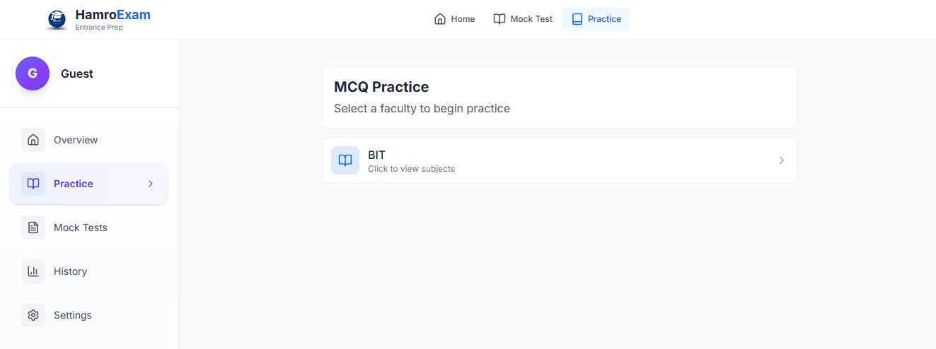 Practice page showing Start Practicing button and faculty list