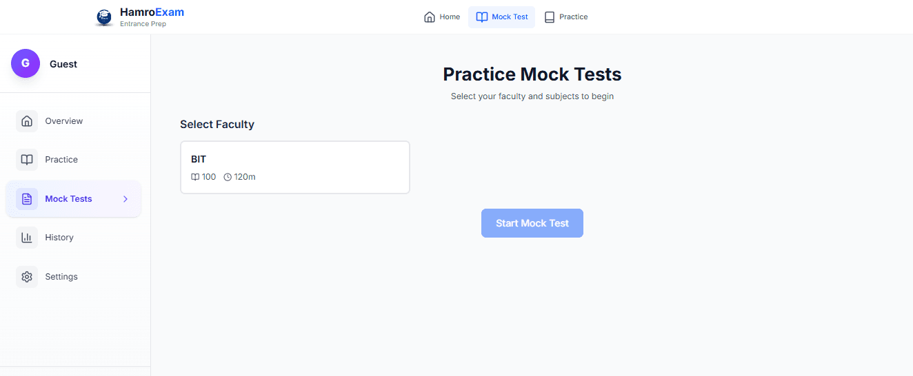 Mock Test landing page with Start a Mock Test button