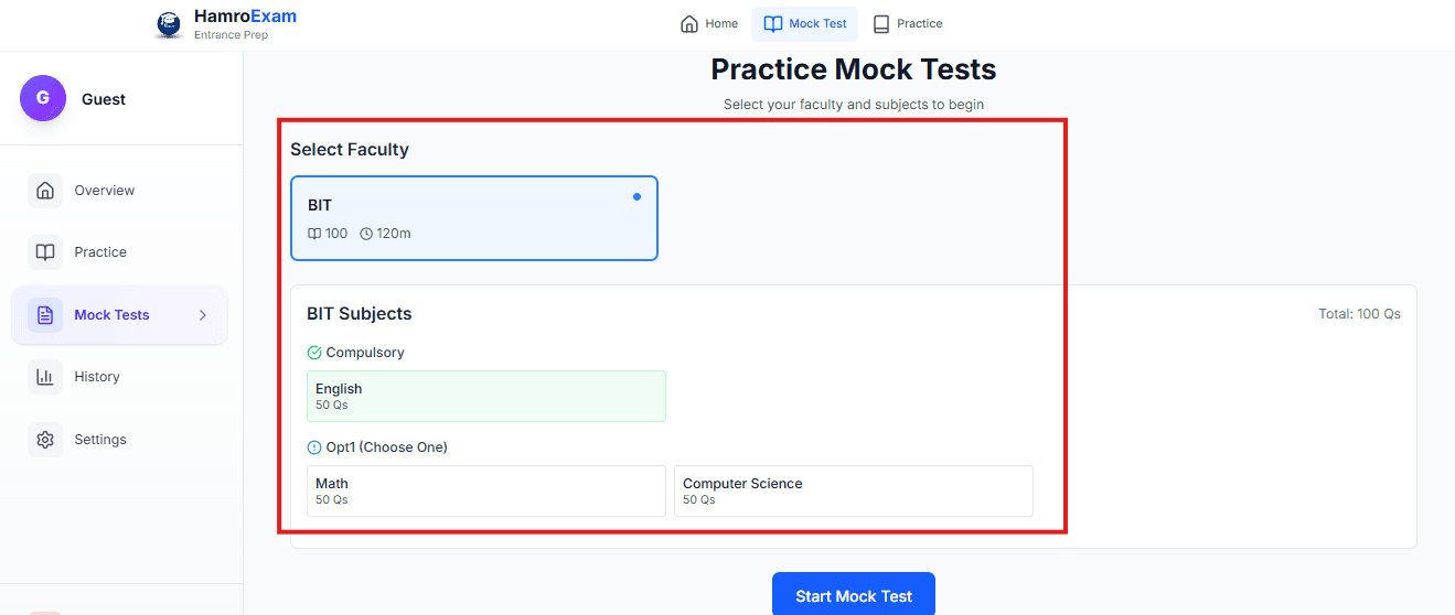 List of mock tests showing test name, total questions, time limit, and attempted badge