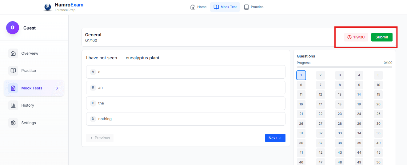 Mock test interface with timer at top, question palette, and Submit Test button