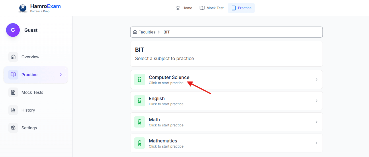 Subject cards showing Physics with 50 questions, Chemistry with 40 questions